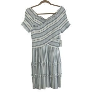 Japna Women SZ L Off The Shoulder Smocked Striped Cottagecore Flirty Dress NEW